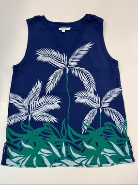 Chico's Navy Palm-Print V-Neck Tank with Tropical Print